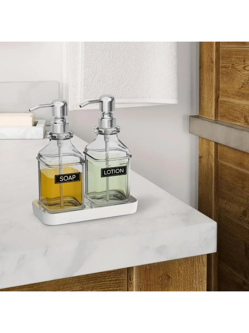 Antique Glass Soap Dispenser Set - 2 Pack with Tray, Rust-Proof Pump & Stickers